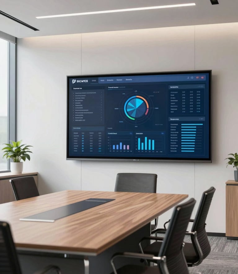 A modern corporate office meeting room with clean lines, a large screen displaying structured data dashboards, bright daylight