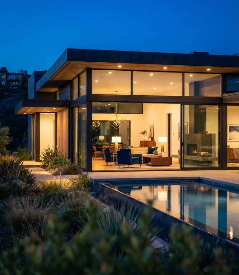 Architectural photography of a modern luxury house with flat roof, glass walls, warm interior lighting at twilight, 35mm