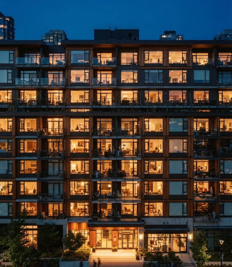Modern residential building facade at twilight, golden-hour interior light glowing from windows, straight-on architectural lines, 35mm