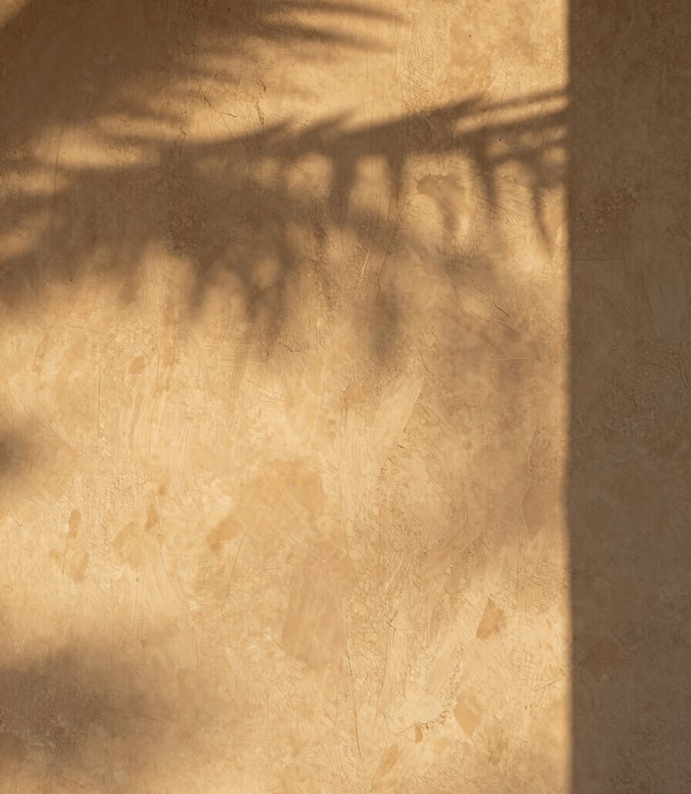 Close-up of hand-cast lime plaster wall with soft golden hour shadows, showing rich organic texture and warm earthy tones, medium format film.