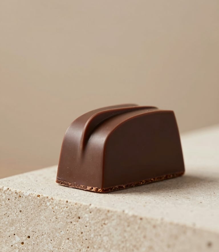 Elegant macro food photography of a minimalist chocolate entremet with sharp architectural lines, placed on a textured plaster pedestal, soft natural side-light, warm earthy tones, 50mm lens