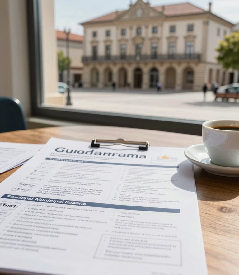 Bright editorial photography of a printed municipal information bulletin resting on a wooden table next to a cup of coffee, soft natural morning light coming from a window, Guadarrama town hall square visible blurred in the background, professional 35mm lens shot.
