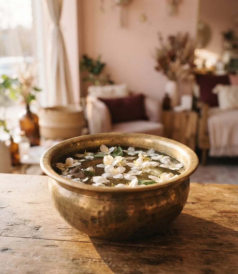 Close-up of warm golden-hour light catching a brass vessel with floating jasmine petals inside a serene, blush-toned salon interior, soft focus, 35mm