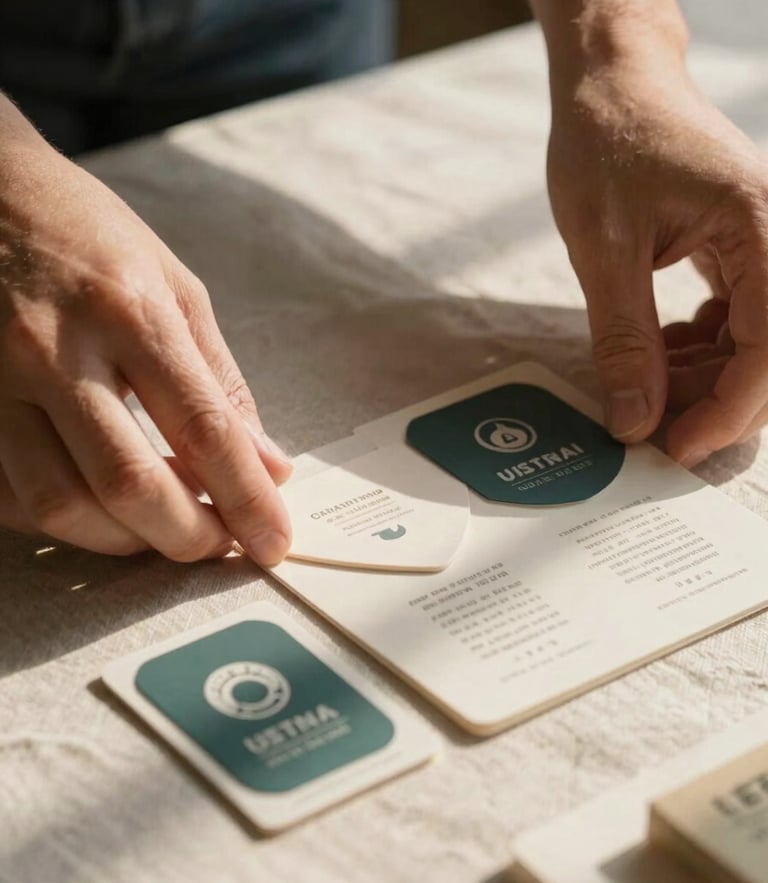 Close-up of hands arranging tactile brand collateral on a linen surface under warm, diffused afternoon sunlight, soft shadows
