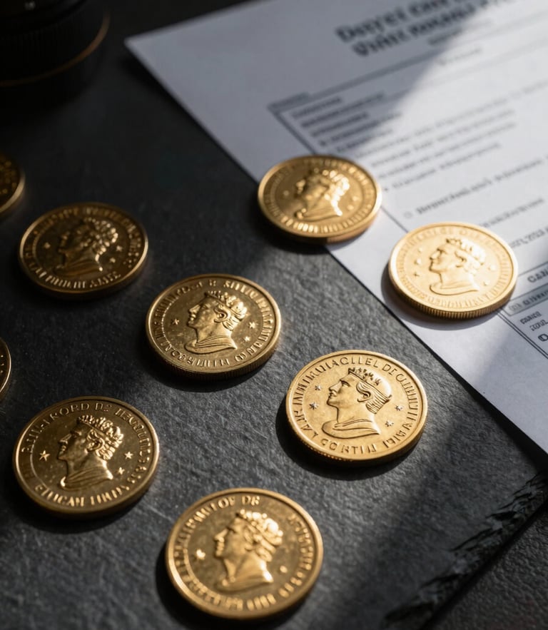 A formal, close-up study of physical trade finance documents with official gold-embossed sovereign seals on a dark slate surface, dramatic low-key lighting casting sharp shadows, highly structured architectural composition.
