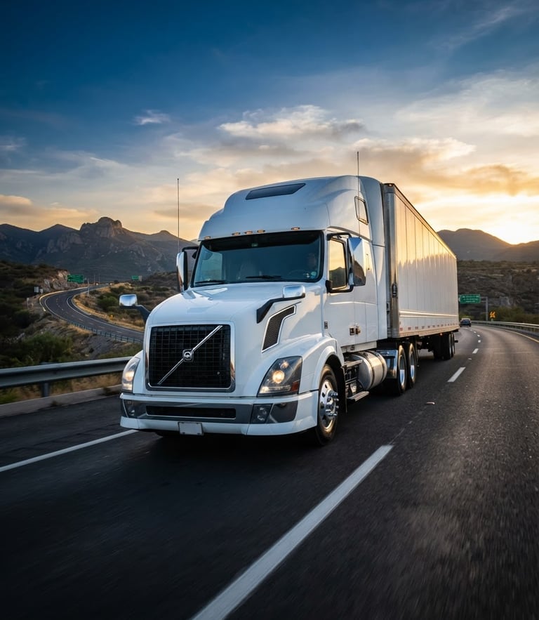 Low-angle heroic shot of a clean, modern white tractor-trailer truck moving on a Mexican highway at dawn, crisp morning light reflecting on metallic surfaces, sharp commercial photography style.