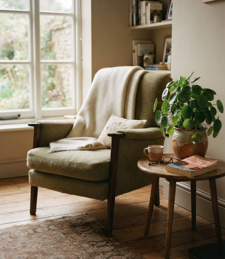 A comfortable single armchair in a warm, quiet room with soft natural window light, a green plant in a ceramic pot nearby, 35mm film style
