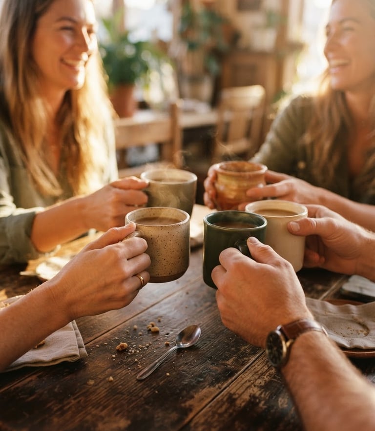 Candid close-up of hands holding warm ceramic mugs of coffee around a rustic wooden table, soft laughter visible in the background, warm natural golden-hour light, rich earthy tones, 35mm film feel