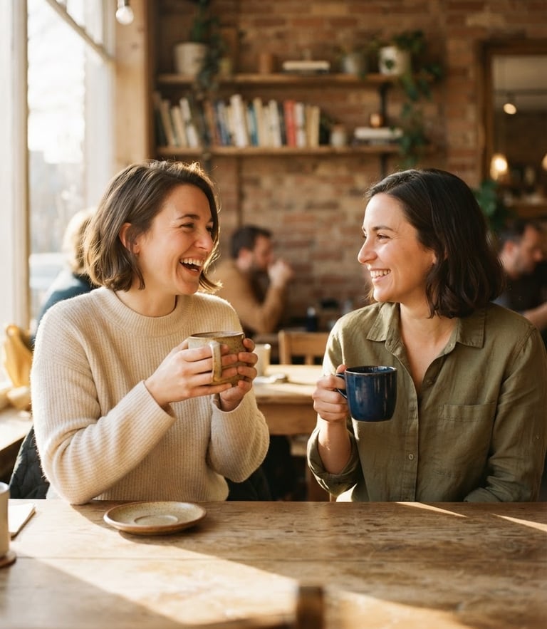 A candid medium shot of two people talking warmly in a sunlit room, holding ceramic mugs, soft natural golden-hour light, rich earthy tones, 35mm film feel.
