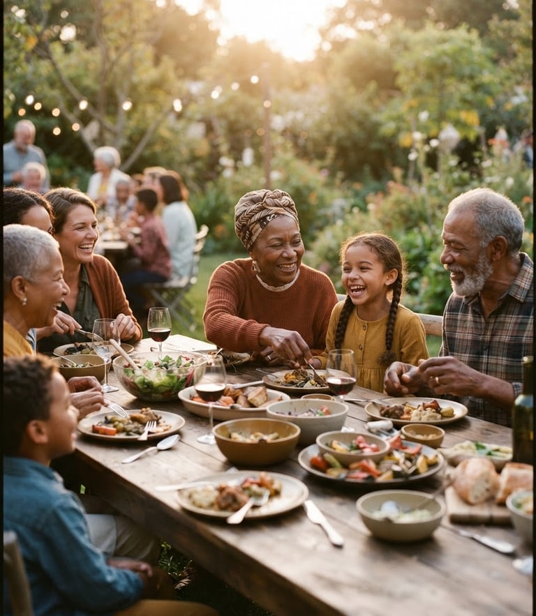Warm editorial portrait of multi-generational community members sharing a meal at a long wooden table, soft natural golden-hour light, rich earthy tones, candid 35mm film feel.