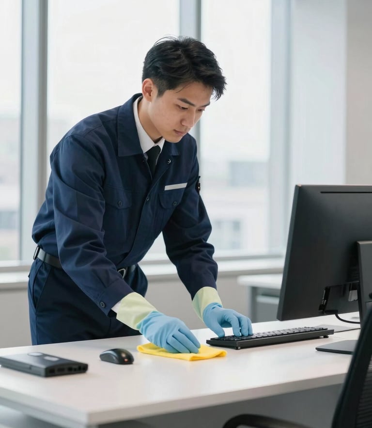 A professional commercial cleaner in a neat navy uniform sanitizing a modern St. Louis office desk, bright natural daylight, crisp cool tones