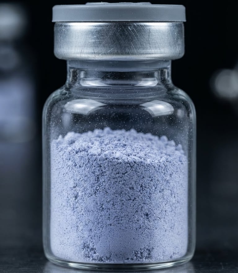 Clinical macro photograph of high-purity neodymium oxide powder inside a sterile glass vial, sharp studio lighting, cool metallic tones, 35mm