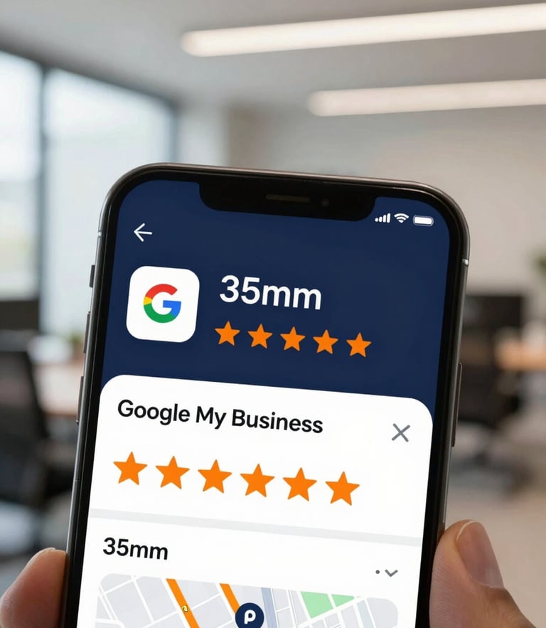 Close-up of a mobile screen displaying a verified Google My Business profile with active map directions and high star ratings, clean corporate tech photography, 35mm
