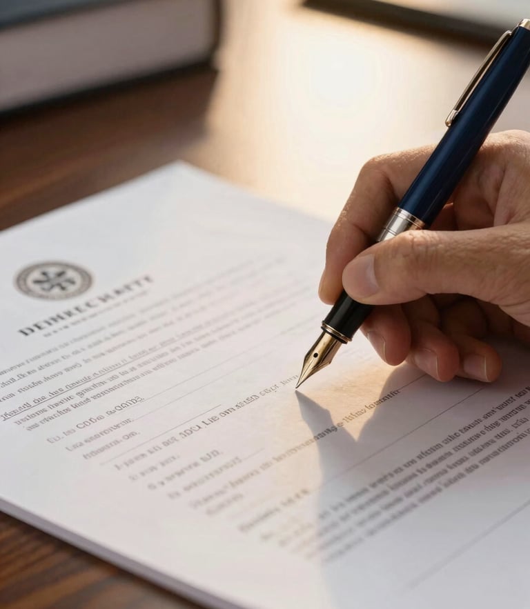 Macro shot of a fountain pen signing official medical college allocation documents on a dark oak desk, warm gold lighting, sharp focus