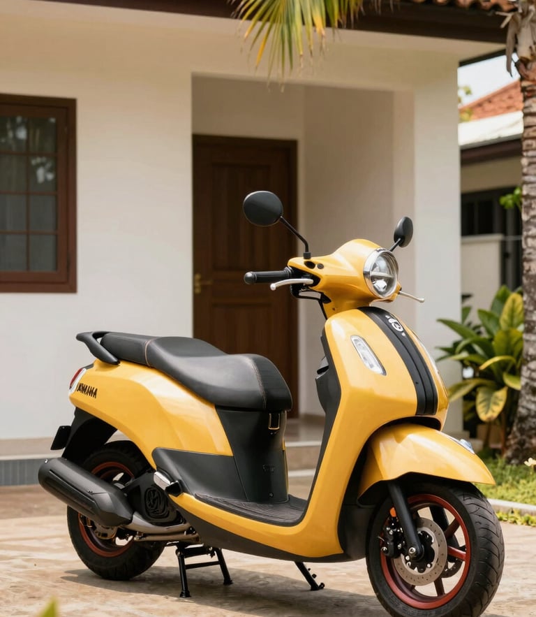 Vibrant editorial photography of a brand new Yamaha Fazzio scooter in warm tropical daylight, parked neatly in front of a clean modern home, 35mm lens