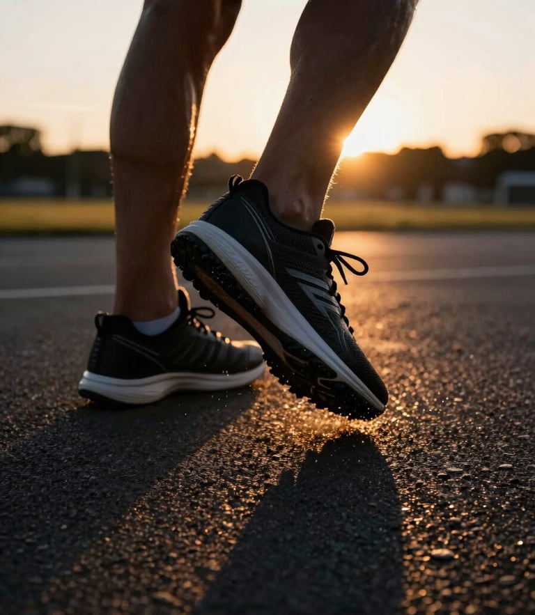 Dynamic close-up of a runner's athletic shoe striking the asphalt during golden hour sunrise, dramatic motion blur, high contrast athletic tones, 35mm lens