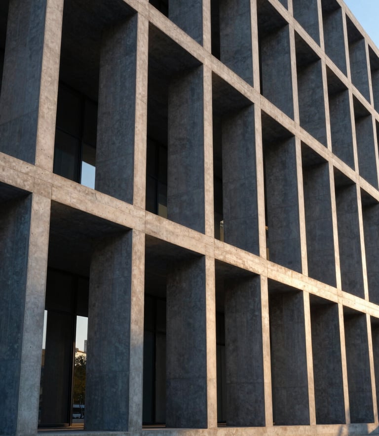 Wide-angle architectural photography of a modern concrete and steel building facade, dramatic golden hour shadows, crisp structural lines, 35mm