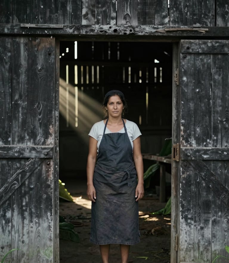 An environmental portrait of a female farmer standing in the doorway of a dark timber tobacco barn, shafts of low golden light piercing the wooden slats, desaturated tones.
