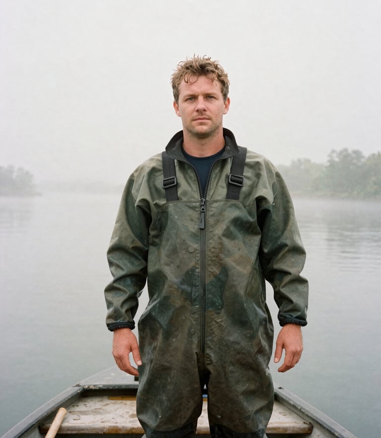 A medium environmental portrait of a Maryland waterman in oilskins on his boat, background of misty river, soft overcast daylight, documentary film style.