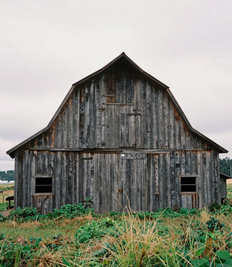 A weathered vertical timber tobacco barn standing in an overgrown field under a soft overcast sky, documentary film photography, 35mm lens