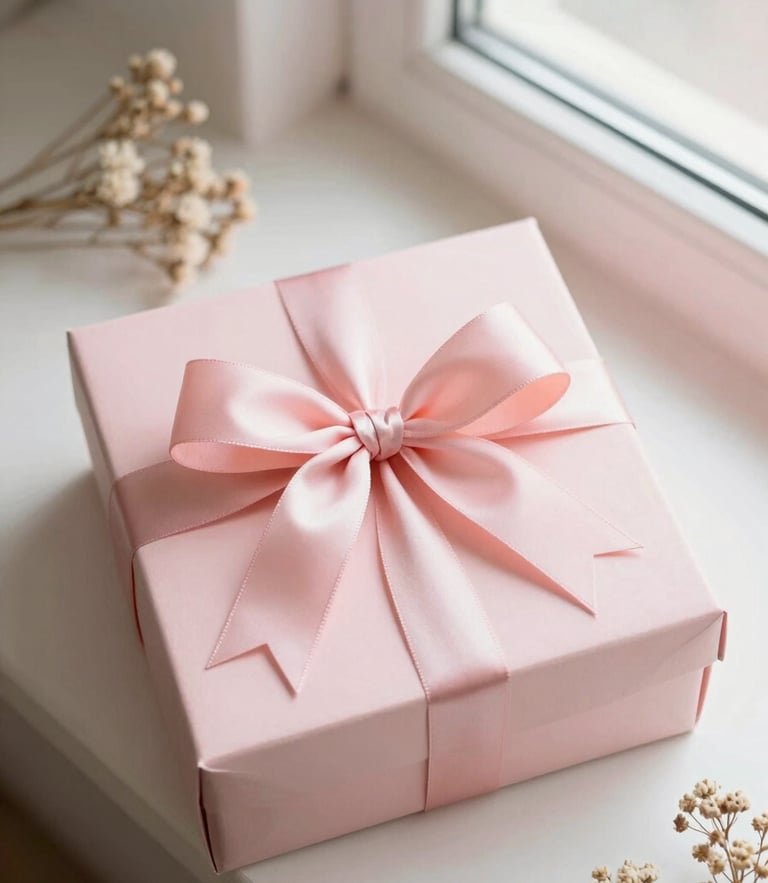 Overhead flatlay of a pastel pink coquette gift box with satin bows and dried florals, soft morning window light