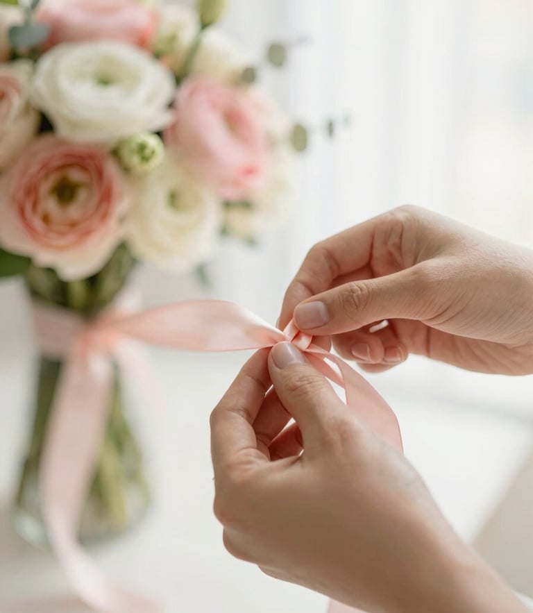 Shallow depth of field close-up of hands delicately tying a blush pink satin ribbon around a pastel cup bouquet, soft morning window light, cream background, 35mm