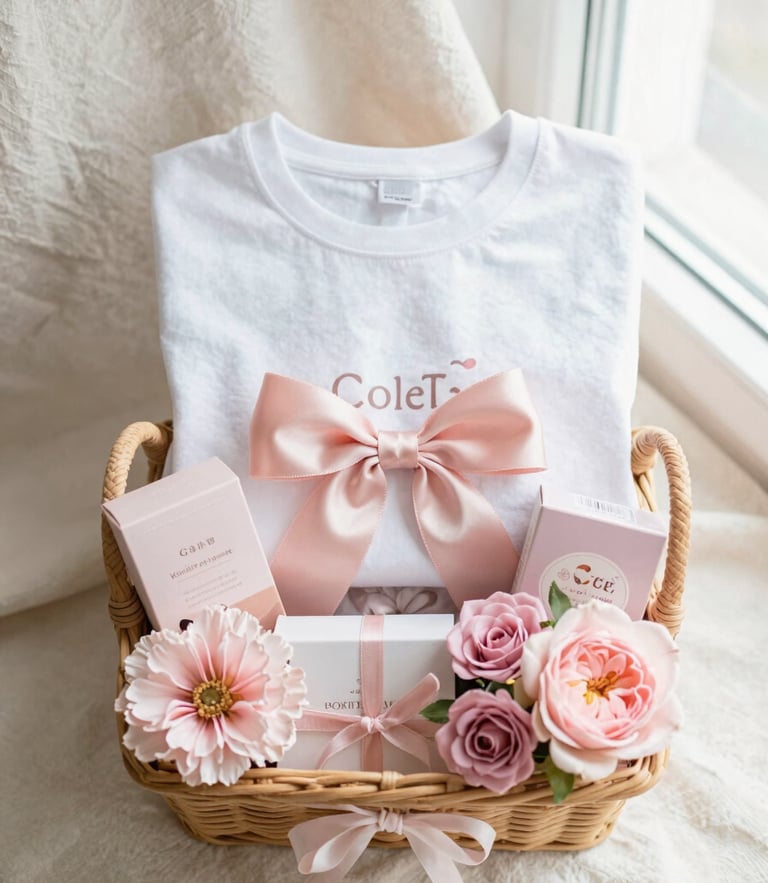 Overhead flatlay of a beautifully organized coquette-inspired gift basket on a cream linen background, featuring a personalized tee with a satin bow, soft pink florals, morning window light, 35mm