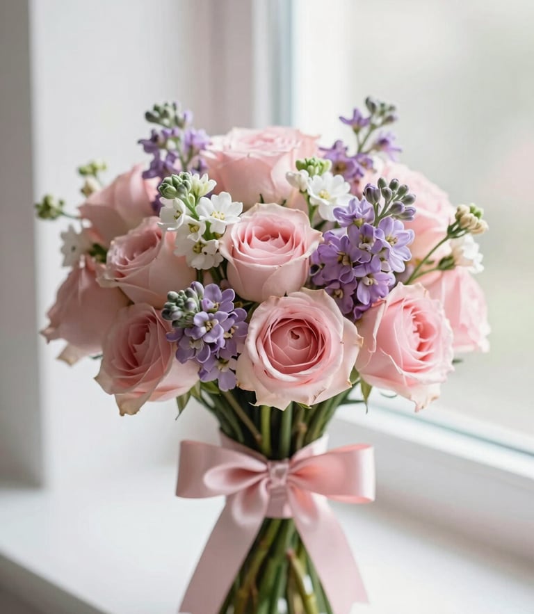 Close-up of a beautifully arranged custom cup bouquet with pastel pink and lavender florals, wrapped with a satin bow, soft morning window light, 35mm