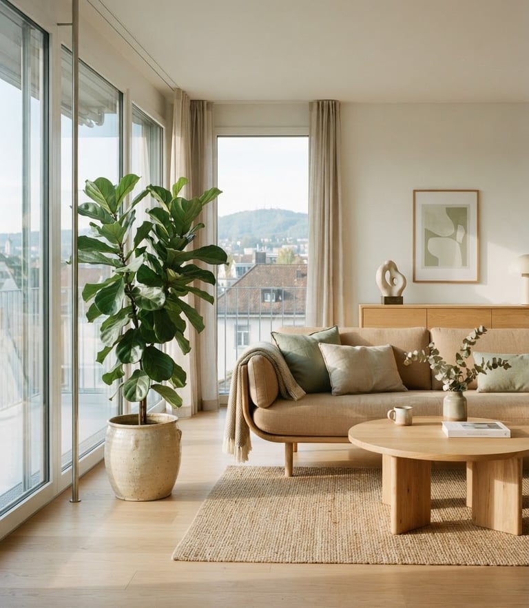 Bright editorial interior photography of a sun-drenched Zurich living room with minimalist oak furniture, clean architectural lines, and a large fiddle-leaf fig plant in a ceramic pot, soft morning daylight, 35mm