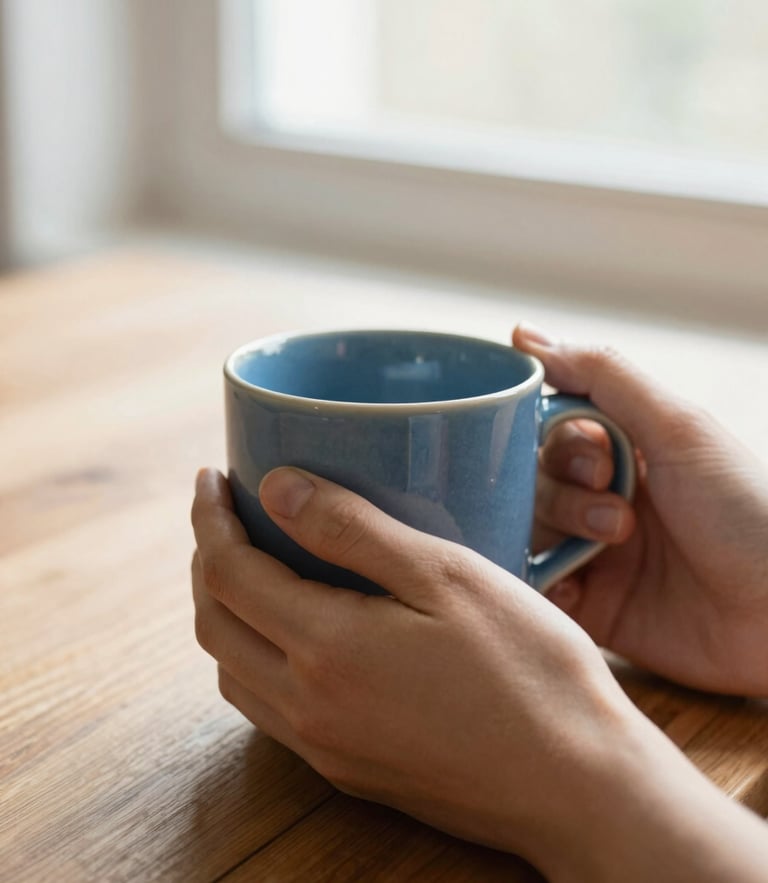 Close-up of warm hands holding a ceramic mug on a wooden table, soft natural window light, muted petroleum blue and terracotta tones, shallow depth of field