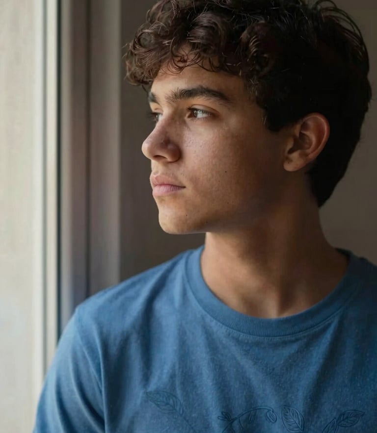 Warm respectful portrait of a young person in Argentina looking thoughtfully near a window, soft natural afternoon light, muted petroleum tones.