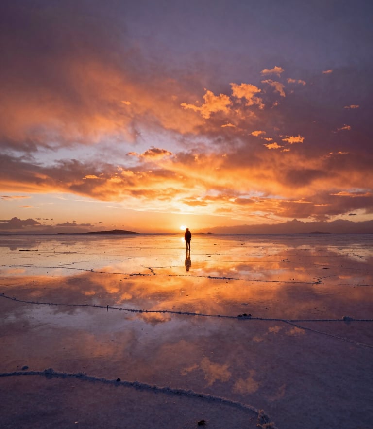 Cinematic wide shot of the Salar de Uyuni at sunset, deep perspective, dramatic orange and purple sky reflecting on the water-covered salt flats, a single silhouette of a traveler in the distance.