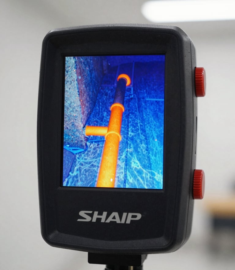 Sharp macro shot of a thermal imaging camera screen displaying heat signatures of water pipes behind concrete, cool blue and high-clarity orange highlights, bright workspace lighting.