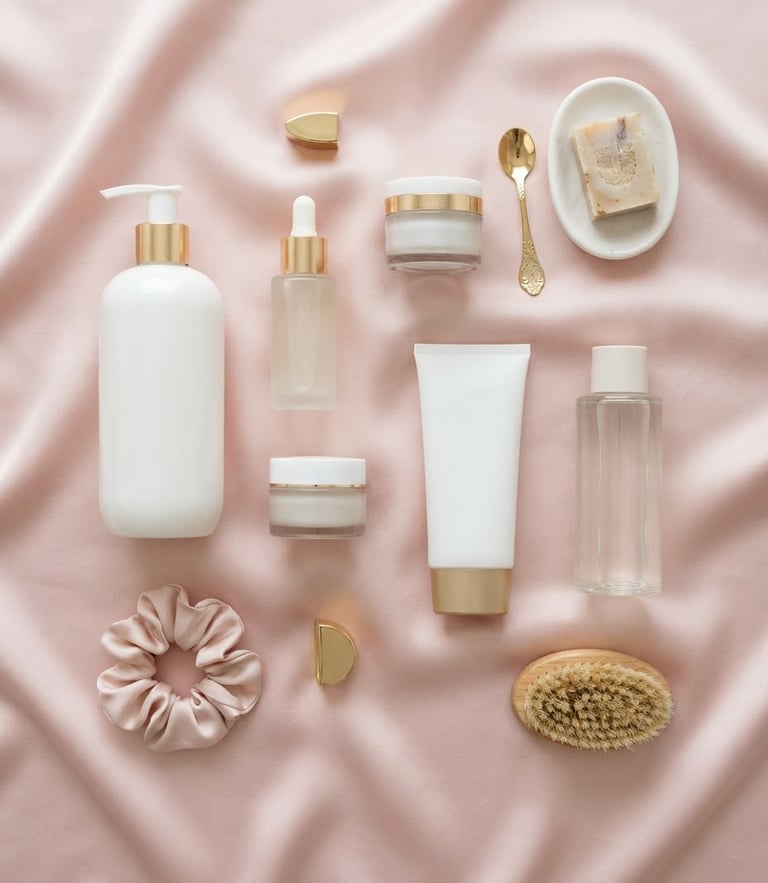 A clean top-down flat lay of Unilever beauty products on a soft pink silk fabric, bright diffused natural light, professional product photography