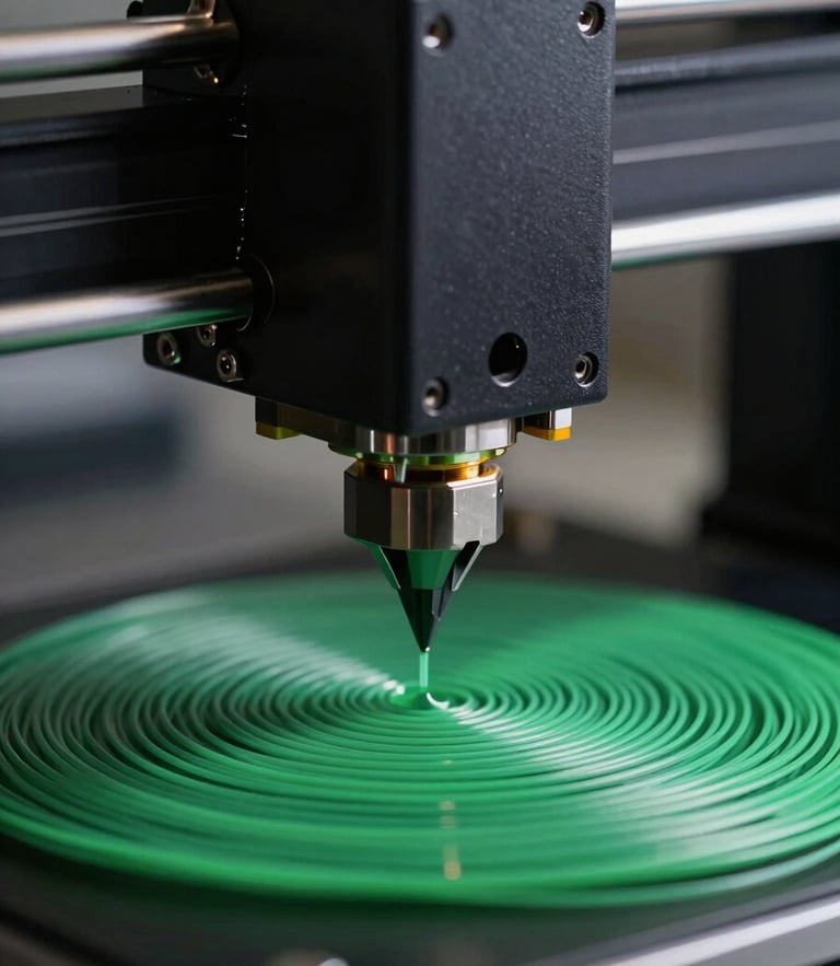 Macro shot of a high-precision 3D printer nozzle extruding clean green filament, technical workshop background, soft dramatic side-lighting, 35mm