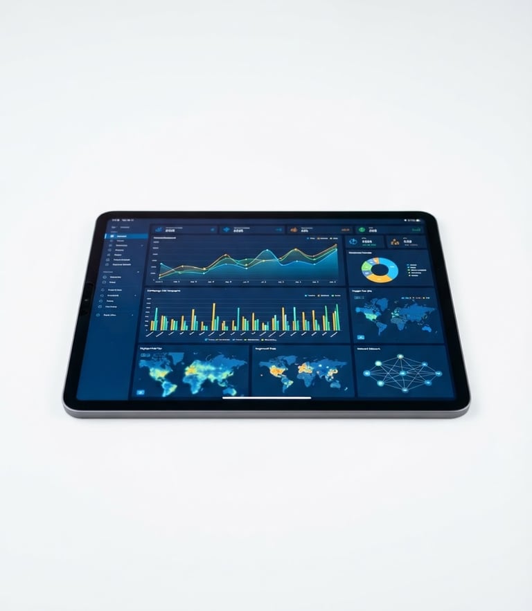 Bright high-key studio shot of structured data visualizations on a modern tablet, crisp white background, sharp focus, 50mm