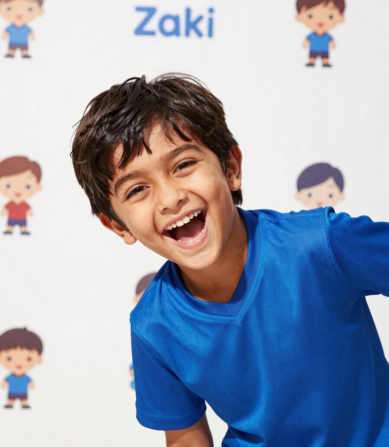 Bright commercial photography of a laughing South Asian child wearing a vibrant blue sports jersey, warm sunny daylight, playful energetic mood, white background with Zaki character stickers, crisp focus.