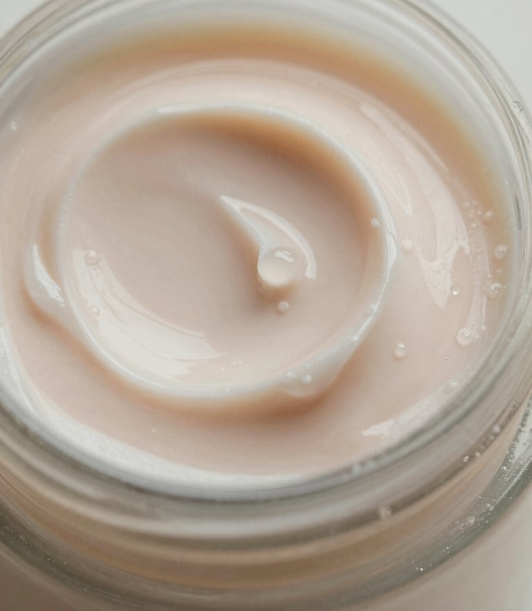 Extreme close-up of a smooth, dewy vegan face cream texture with soft morning light reflections and clean glass bottle edge