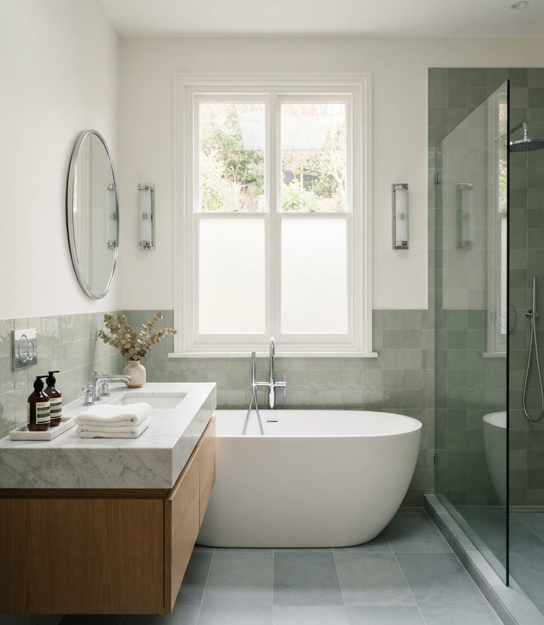 Symmetrical architectural shot of a newly renovated luxury bathroom, perfectly aligned sage green tiles, chrome fixtures, bright natural daylight, 35mm