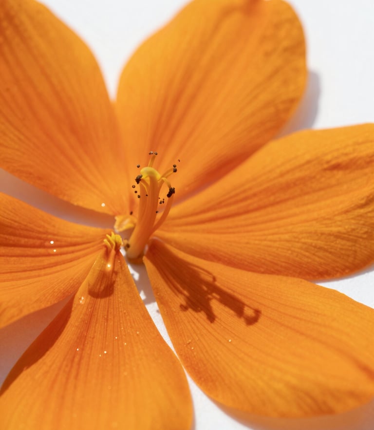 Macro shot of vibrant orange botanical petals under bright, high-key natural sunlight, sharp focus, 35mm lens