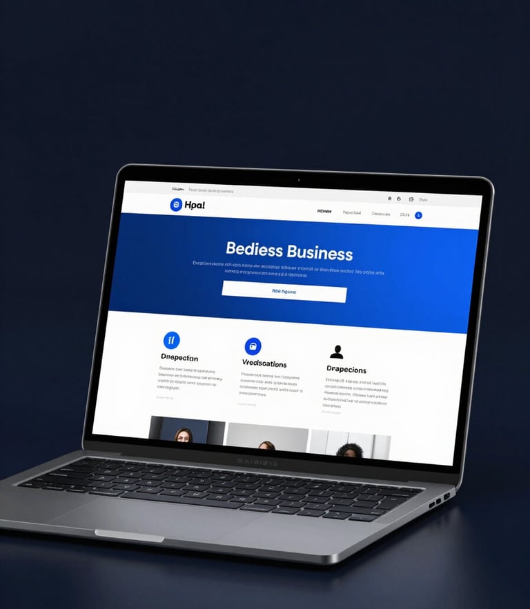 Sleek laptop displaying a local business website mockup with electric blue accents, dark background, professional tech aesthetic.
