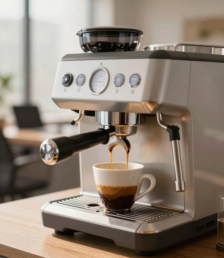 Sleek professional espresso machine in a sunlit modern office breakroom, rich espresso pouring into a ceramic cup, warm natural light, 35mm