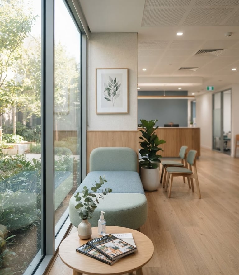 A bright, professional medical clinic lobby with soft natural window light, clean architectural lines, minimalist decor, and a calm, reassuring atmosphere.