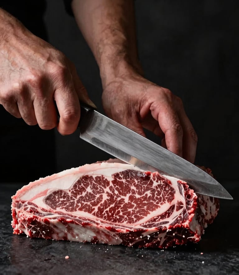 Moody editorial food photography of a butcher's hands holding a heavy steel knife over a beautifully marbled raw beef cut, dramatic side-lighting, deep rich reds and dark charcoal tones, shallow depth of field, 50mm