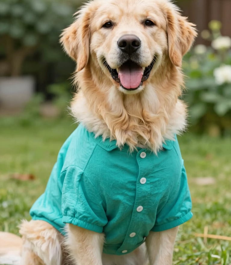 A happy golden retriever sitting proudly in a vibrant teal handmade shirt, bright natural daylight, soft focus garden background, 50mm portrait