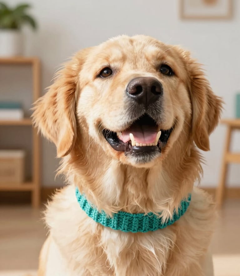 A cheerful golden retriever looking up with a soft knitted teal collar, bright natural workshop background, warm daylight, 50mm