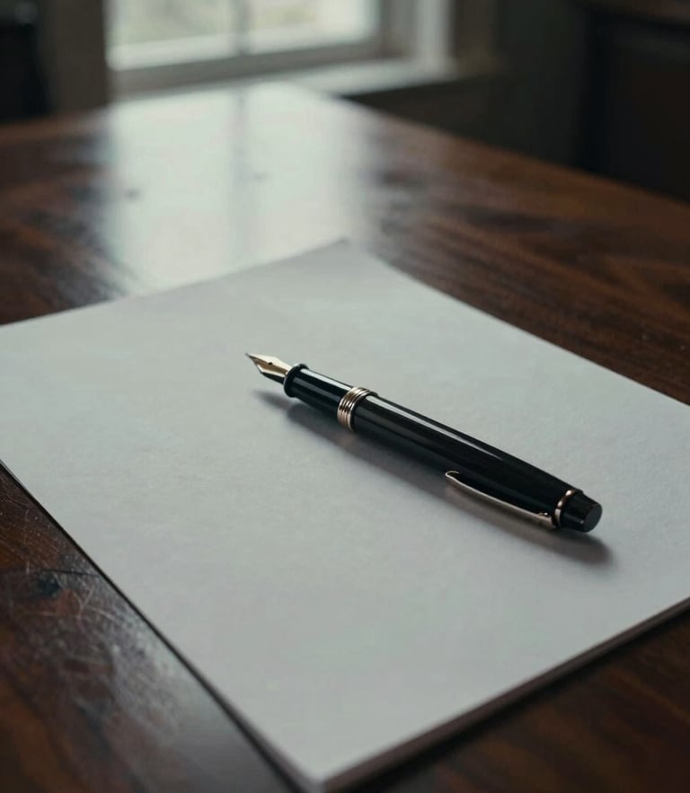 Moody editorial close-up of high-end textured heavy paper with a classic fountain pen resting on a dark walnut boardroom table, dramatic low-key window light, deep shadows, desaturated tones, 35mm film