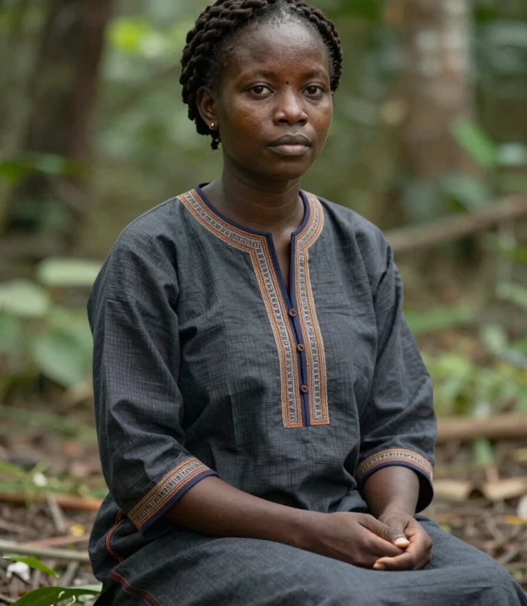 A quiet environmental portrait of Muriyd Williams sitting outdoors in natural, overcast daylight, wearing traditional attire, with soft forest foliage in the background.