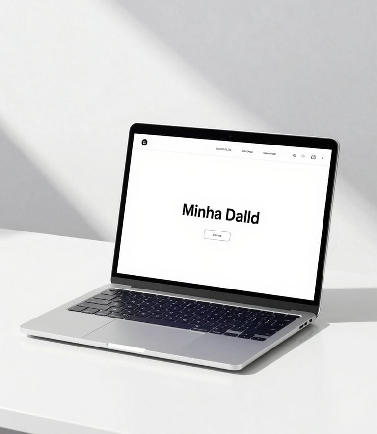 Minimalist web design mockup on a sleek laptop screen, high-key studio lighting, soft shadows, slate-blue accents, clean desk setup