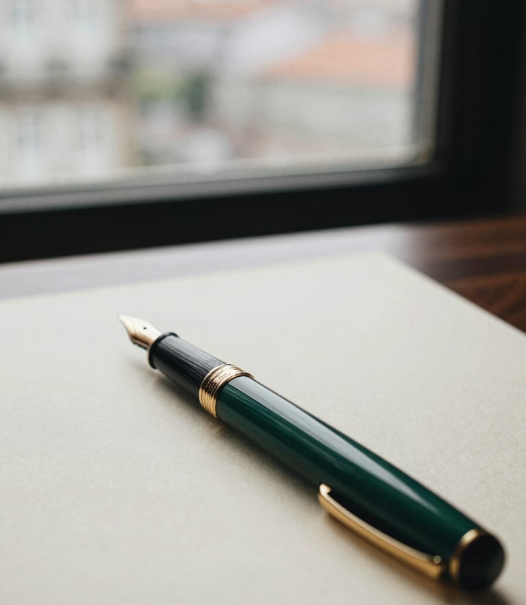 Close-up of a fountain pen resting on heavy textured cream paper, soft overcast daylight from a window in a Porto law office, shallow depth of field, 35mm